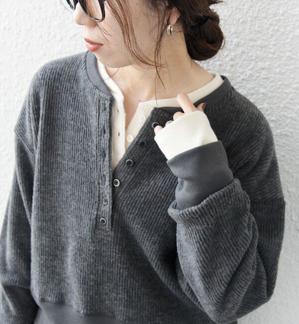 SHIPS any「SHIPS any:〈手洗い可能〉起毛 ワッフル ヘンリーネック コンパクト プルオーバー」|Tシャツ・カットソー|