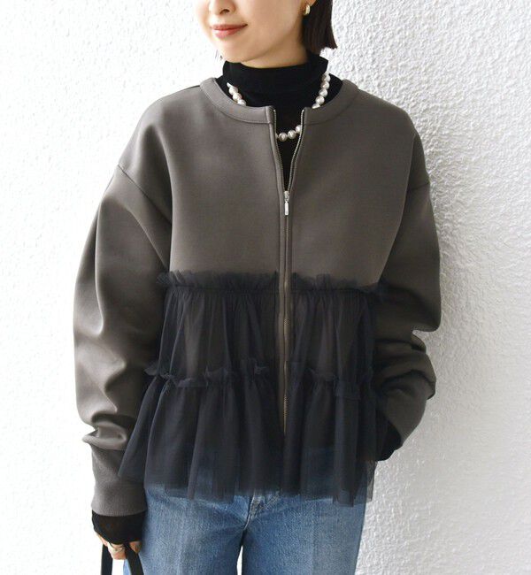 SHIPS for women「【WEB限定】 〈手洗い可能〉ダンボール &times; チュール ジップ 羽織」|その他|チャコールグレー
