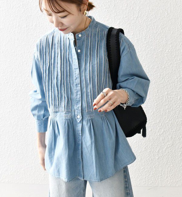 SHIPS any「SHIPS any:〈洗濯機可能〉デニム シーム バンドカラー シャツ ブラウス」|シャツ・ブラウス|