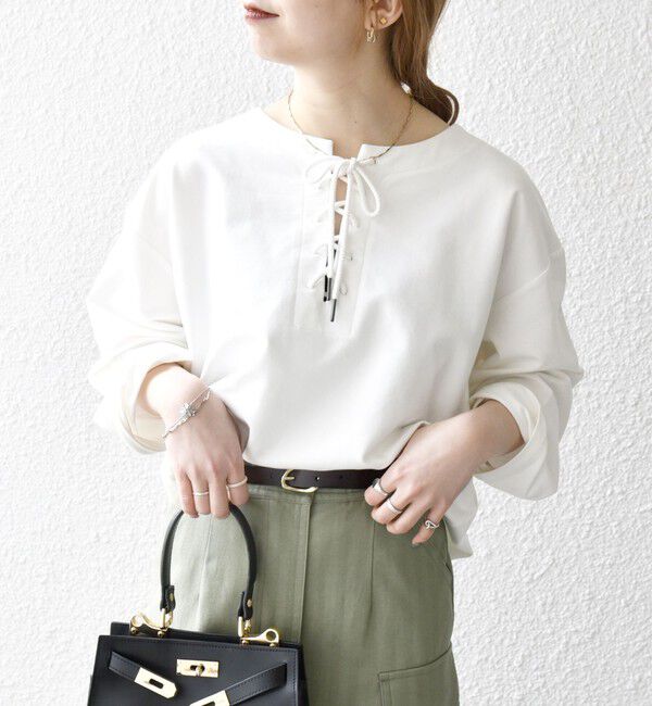 SHIPS any「SHIPS any:〈洗濯機可能〉インレイ レースアップ ロングスリーブ プルオーバー」|Tシャツ・カットソー|