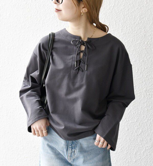 SHIPS any「SHIPS any:〈洗濯機可能〉インレイ レースアップ ロングスリーブ プルオーバー」|Tシャツ・カットソー|