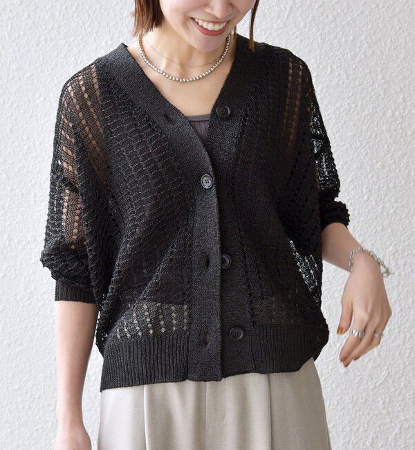 SHIPS any「SHIPS any:〈手洗い可能〉ギマ ワイド Vネック シアー カーディガン」|カーディガン|ブラック