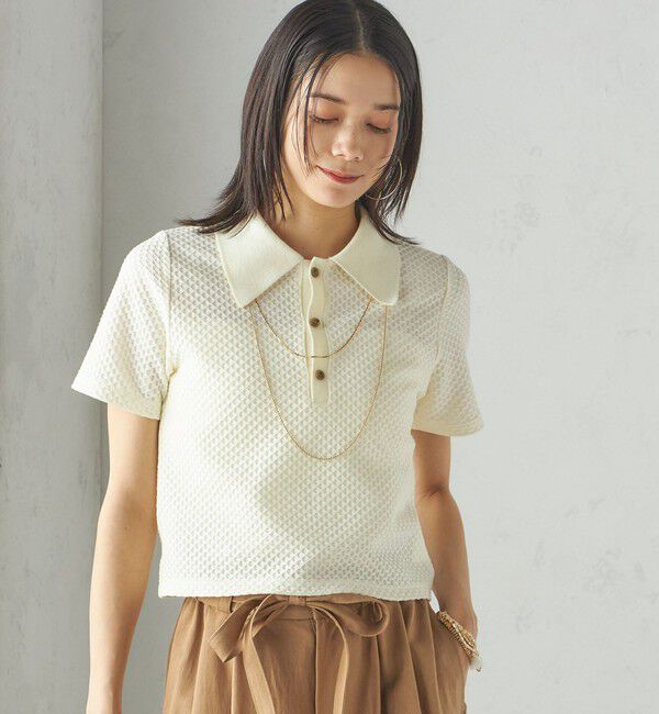 SHIPS for women「小泉里子コラボ:シャーリング ジャカード ポロ」|ポロシャツ|オフホワイト
