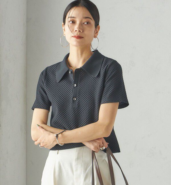 SHIPS for women「小泉里子コラボ:シャーリング ジャカード ポロ」|ポロシャツ|ブラック