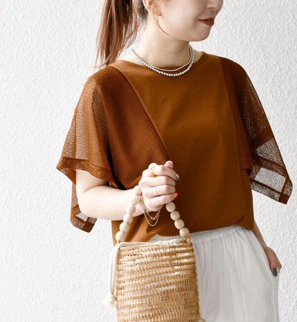SHIPS any「《一部追加予約》SHIPS any:〈手洗い可能〉メッシュ シアー ハンカチ スリーブ ドッキング TEE」|Tシャツ・カットソー|キャメル