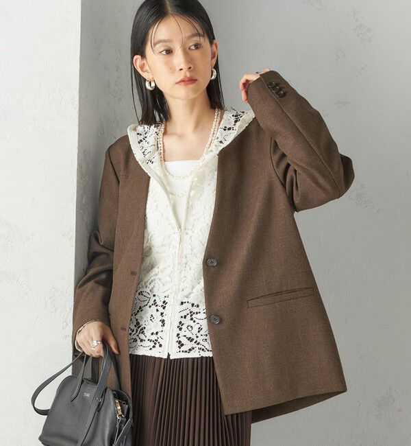 SHIPS for women「〈手洗い可能〉TUMUGITO(R) シャーク ツイード カラーレス ジャケット」|ノーカラージャケット|ブラウン