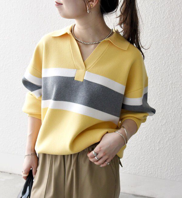 SHIPS any「SHIPS any:〈手洗い可能〉パネル ボーダー スキッパー ニット プルオーバー」|ニット・セーター|イエロー