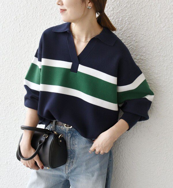 SHIPS any「SHIPS any:〈手洗い可能〉パネル ボーダー スキッパー ニット プルオーバー」|ニット・セーター|