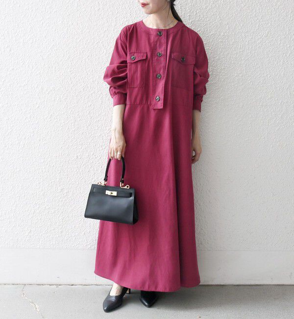 SHIPS any「SHIPS any:〈洗濯機可能〉ピーチスキン クルーネック ポケット フレア ワンピース」|ワンピース|ワイン