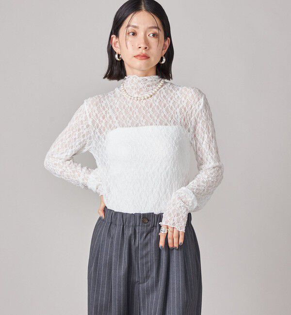 SHIPS for women「SHIPS NINE CASE:〈手洗い可能〉シアー レース ハイネック プルオーバー」|Tシャツ・カットソー|