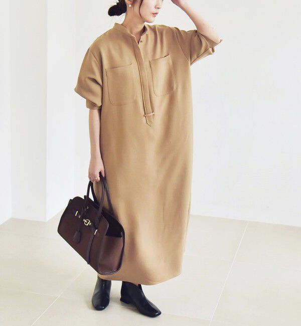 quaranciel「quaranciel:〈洗濯機可能〉ダブルクロス スタンドカラー ポケット シャツ ワンピース」|ワンピース|