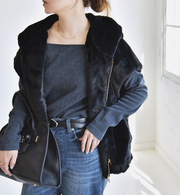 quaranciel「quaranciel: フーディー フェイクファー ドロスト ジップ ショート ベスト」|ダウンベスト・ベスト|