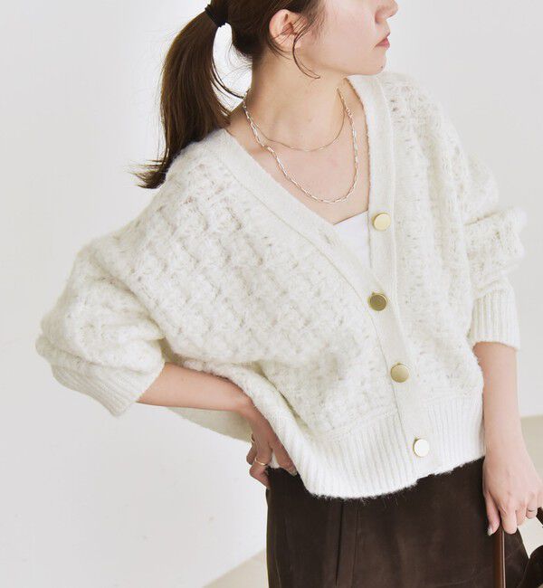 quaranciel「quaranciel: 透かし編み Vネック コンパクト ドルマンニットカーディガン」|カーディガン|