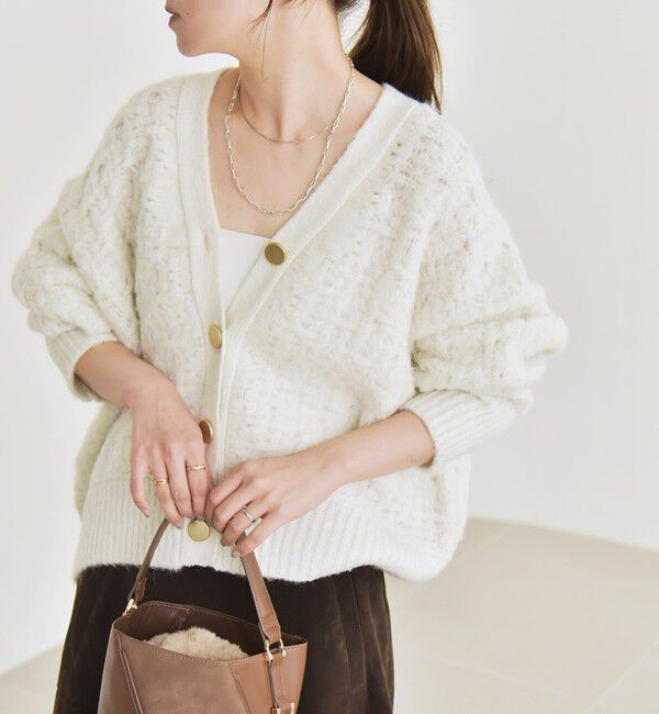 quaranciel「quaranciel: 透かし編み Vネック コンパクト ドルマンニットカーディガン」|カーディガン|