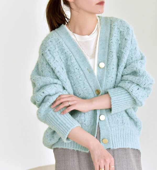 quaranciel「quaranciel: 透かし編み Vネック コンパクト ドルマンニットカーディガン」|カーディガン|ライトブルー