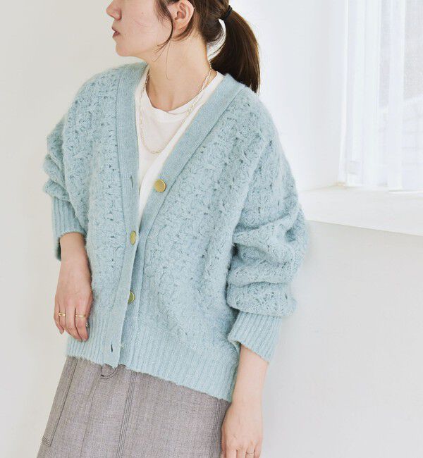 quaranciel「quaranciel: 透かし編み Vネック コンパクト ドルマンニットカーディガン」|カーディガン|
