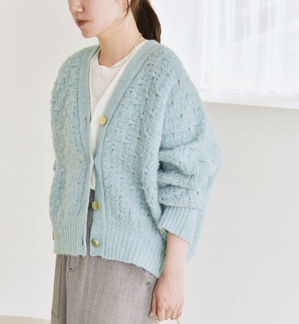 quaranciel「quaranciel: 透かし編み Vネック コンパクト ドルマンニットカーディガン」|カーディガン|