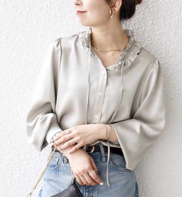SHIPS any「SHIPS any:〈洗濯機可能〉サテン フリル カラー リボン シャツ ブラウス」|シャツ・ブラウス|ライトグレー