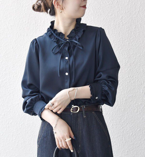 SHIPS any「SHIPS any:〈洗濯機可能〉サテン フリル カラー リボン シャツ ブラウス」|シャツ・ブラウス|