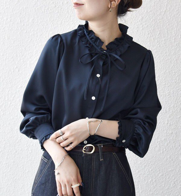 SHIPS any「SHIPS any:〈洗濯機可能〉サテン フリル カラー リボン シャツ ブラウス」|シャツ・ブラウス|
