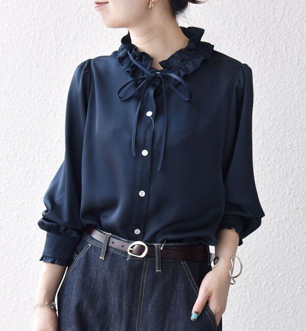 SHIPS any「SHIPS any:〈洗濯機可能〉サテン フリル カラー リボン シャツ ブラウス」|シャツ・ブラウス|