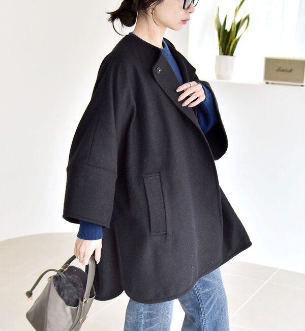 quaranciel「quaranciel: スライバー ウール ミックス クルーネック コート」|ノーカラーコート|ネイビー