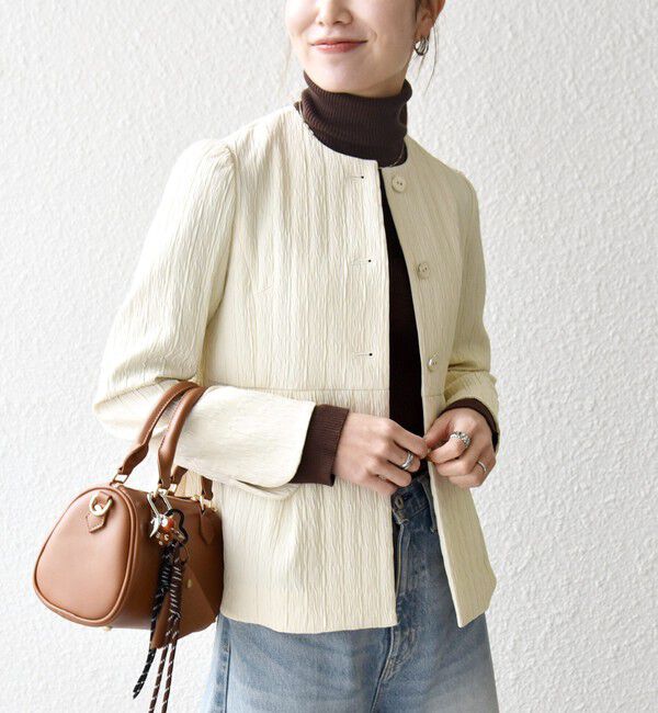 SHIPS any「SHIPS any:〈手洗い可能〉ジャカード ノーカラー ペプラム ジャケット［NAVY BLUE］」|ノーカラージャケット|