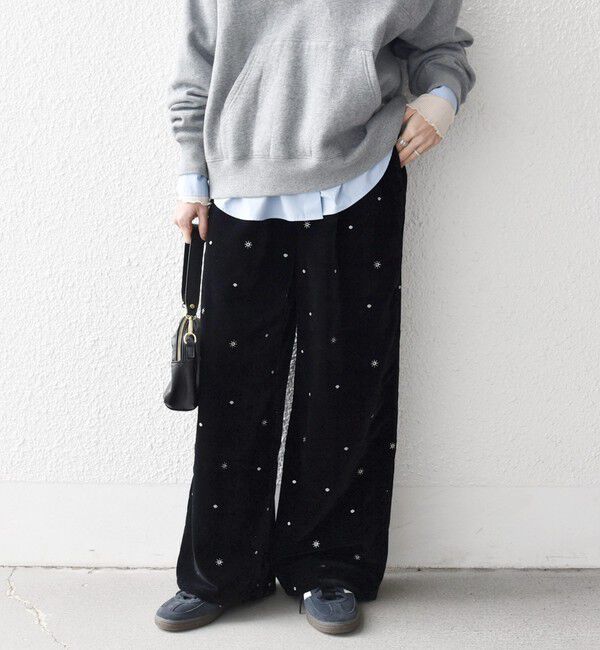 SHIPS any「SHIPS any:〈手洗い可能〉ポリエステル ベロア 刺繍 ストレート ワイド パンツ」|その他|ブラック