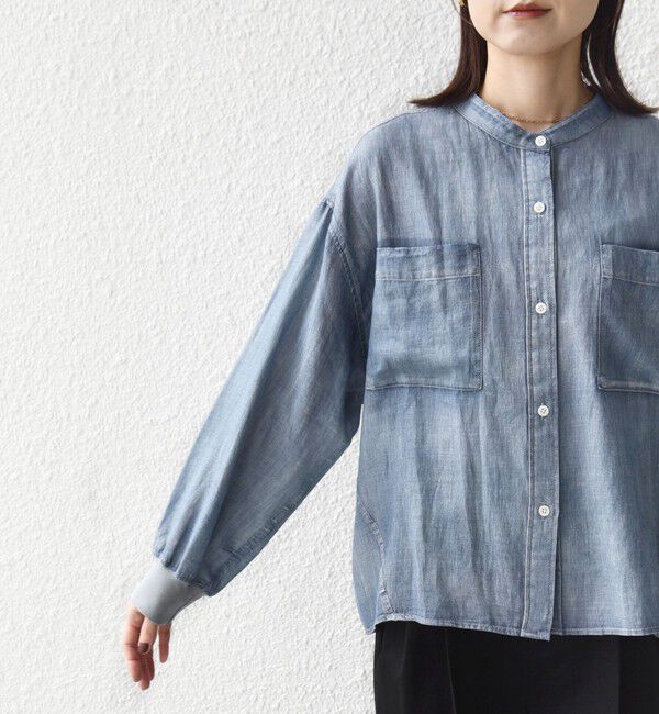 SHIPS for women「〈手洗い可能〉シアー デニム 袖 リブ バンドカラー シャツ」|シャツ・ブラウス|