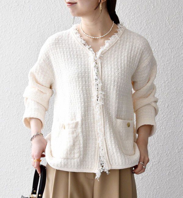 SHIPS any「SHIPS any:〈手洗い可能〉ツイード ライク フリンジ ニット ジャケット カーディガン」|カーディガン|