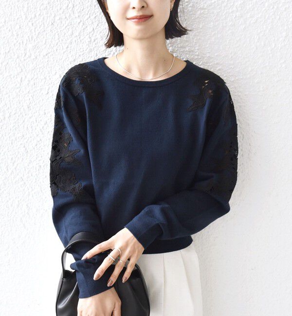SHIPS for women「【WEB限定】〈手洗い可能〉ショルダー レース コンビ ニット プルオーバー」|ニット・セーター|