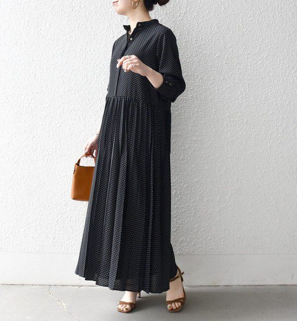 SHIPS any「SHIPS any:〈手洗い可能〉ドット バンドカラー プリーツ ロング ワンピース」|ワンピース|