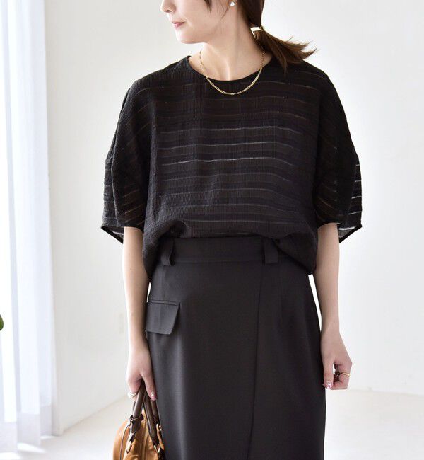 quaranciel「quaranciel:〈洗濯機可能〉ジャガード ボーダー シアー ブラウス」|シャツ・ブラウス|