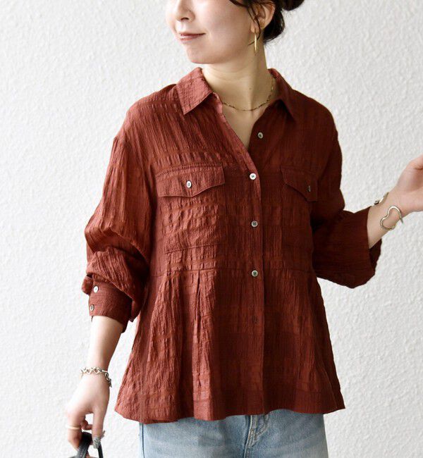 SHIPS any「SHIPS any:〈手洗い可能〉シアー チェック レギュラーカラー ペプラム シャツ」|シャツ・ブラウス|ブラウン