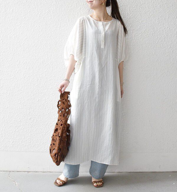 SHIPS any「《予約》SHIPS any:〈洗濯機可能〉リネン ミックス ボリュームスリーブ ストライプ ワンピース」|ワンピース|