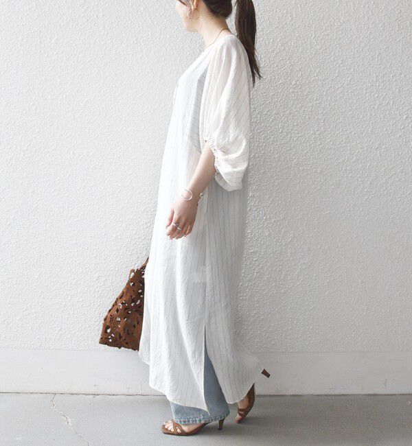 SHIPS any「《予約》SHIPS any:〈洗濯機可能〉リネン ミックス ボリュームスリーブ ストライプ ワンピース」|ワンピース|