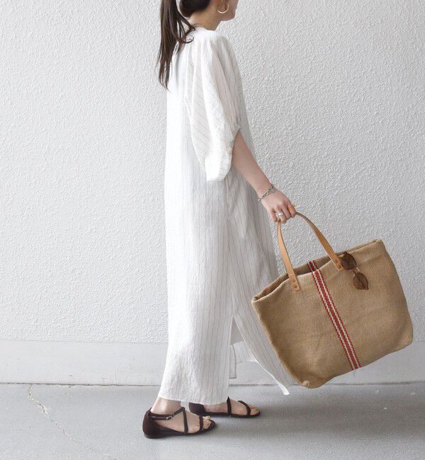 SHIPS any「《予約》SHIPS any:〈洗濯機可能〉リネン ミックス ボリュームスリーブ ストライプ ワンピース」|ワンピース|