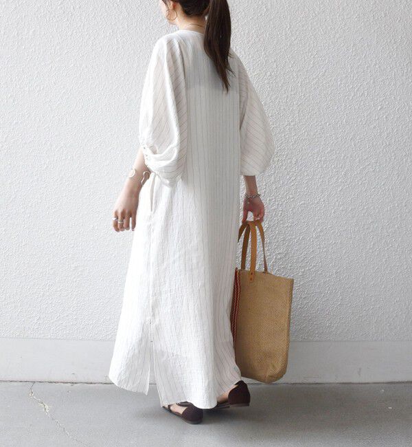 SHIPS any「《予約》SHIPS any:〈洗濯機可能〉リネン ミックス ボリュームスリーブ ストライプ ワンピース」|ワンピース|