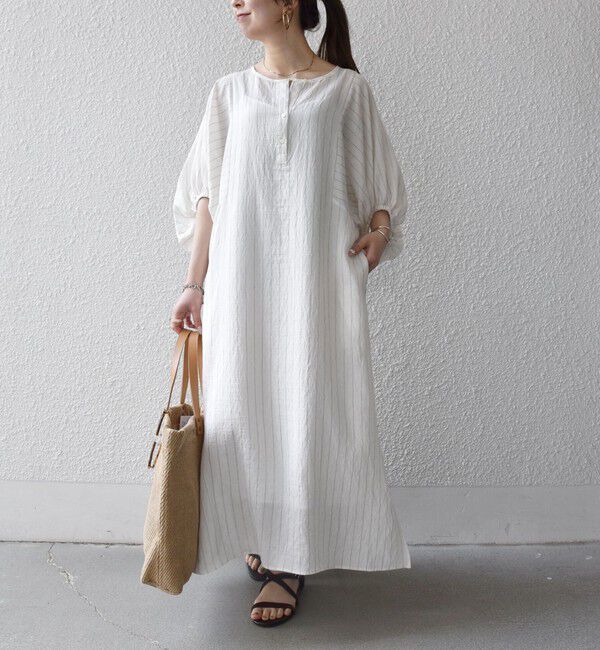 SHIPS any「《予約》SHIPS any:〈洗濯機可能〉リネン ミックス ボリュームスリーブ ストライプ ワンピース」|ワンピース|