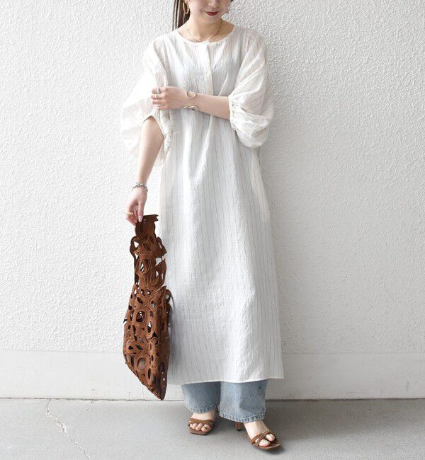 SHIPS any「《予約》SHIPS any:〈洗濯機可能〉リネン ミックス ボリュームスリーブ ストライプ ワンピース」|ワンピース|