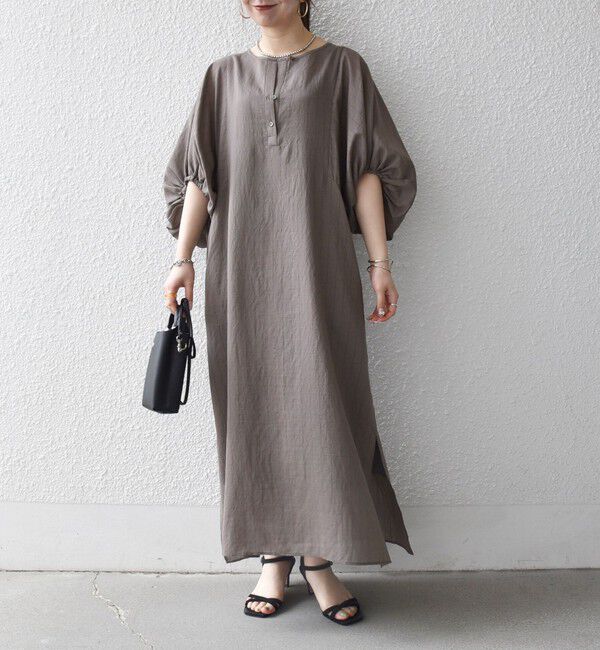 SHIPS any「《予約》SHIPS any:〈洗濯機可能〉リネン ミックス ボリュームスリーブ ストライプ ワンピース」|ワンピース|