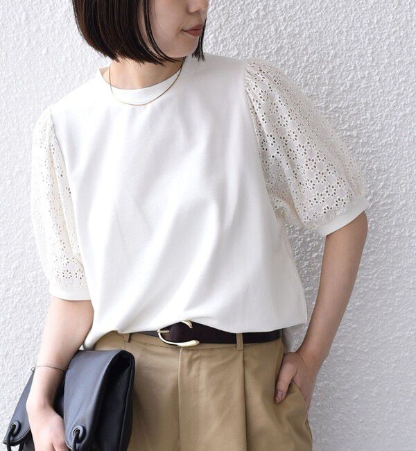 SHIPS Colors 「《予約》SHIPS Colors:〈手洗い可能〉ミニ裏毛 レース スリーブ トップス◆」|Tシャツ・カットソー|