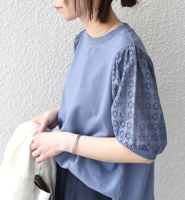 SHIPS Colors 「《予約》SHIPS Colors:〈手洗い可能〉ミニ裏毛 レース スリーブ トップス◆」|Tシャツ・カットソー|ライトブルー