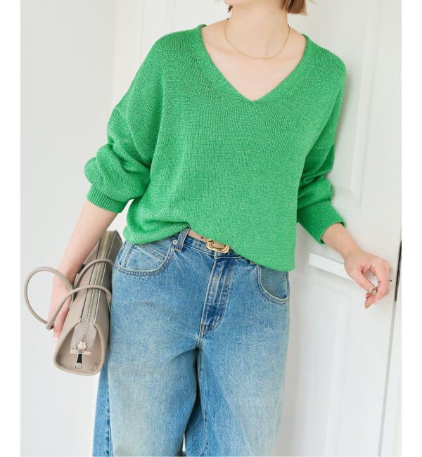 Spick and Span「レーヨンペーパーヤーンVネックプルオーバー」|ニット・セーター|グリーン