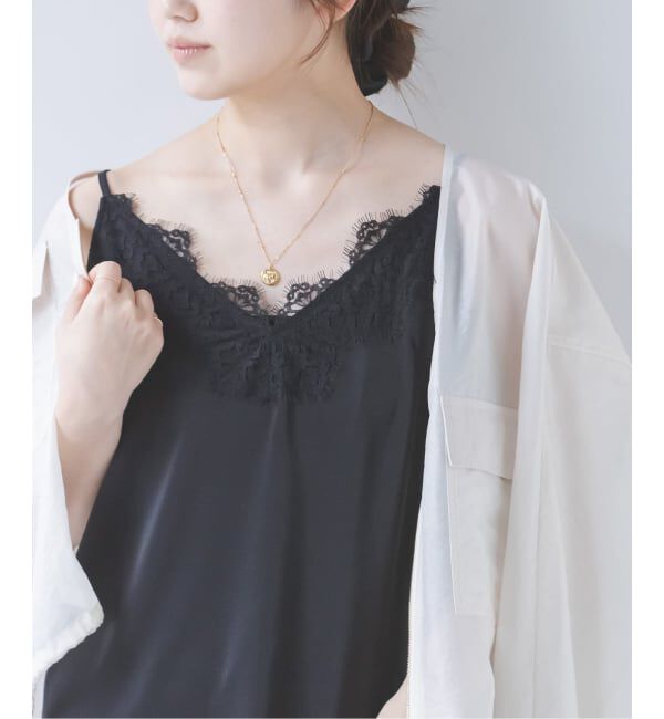 NOBLE「《追加予約》リバーレーストリミングサテンキャミソール3」|キャミソール|ブラック