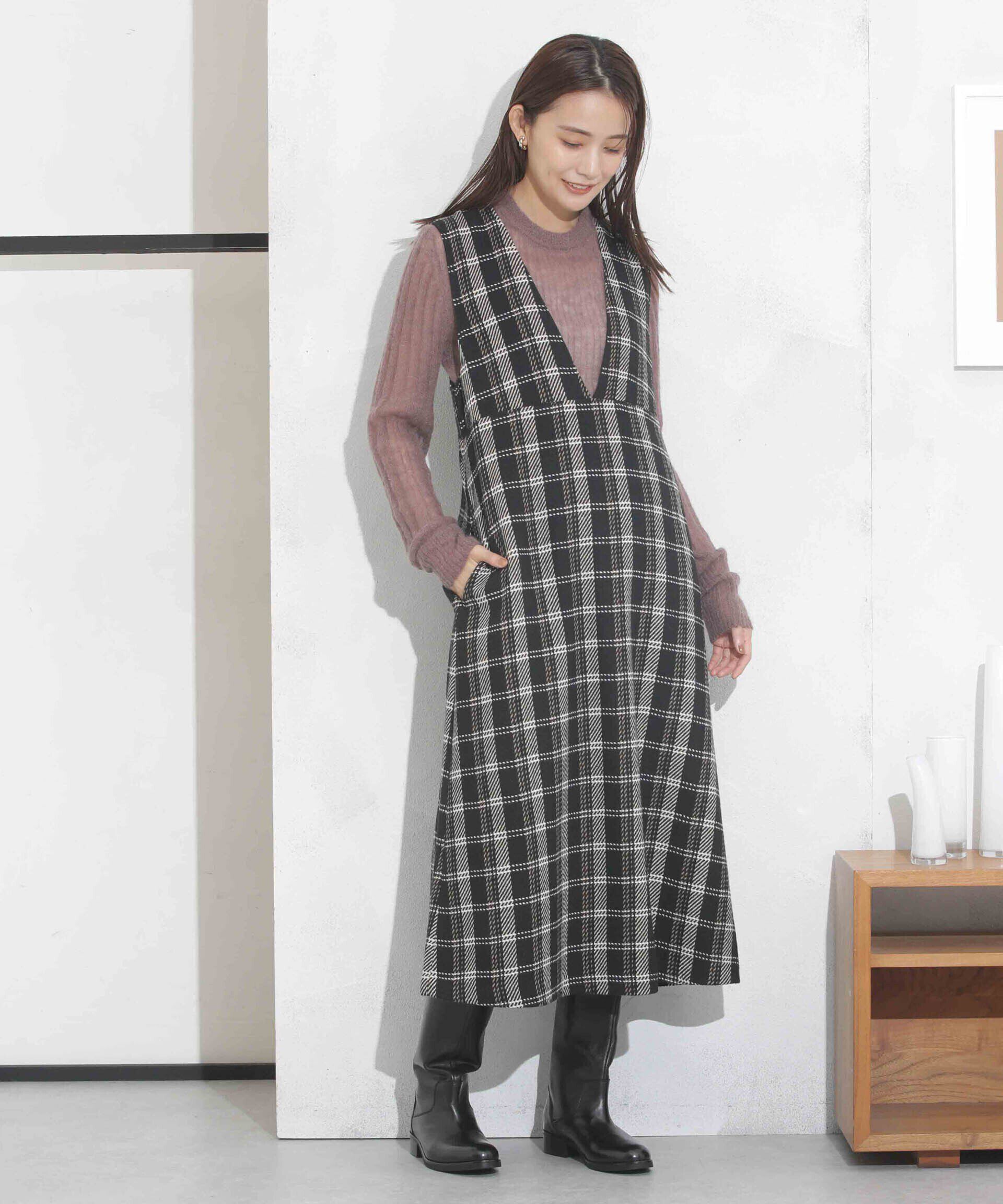 nano･universe「ビッグチェックVネックワンピース」|ワンピース|