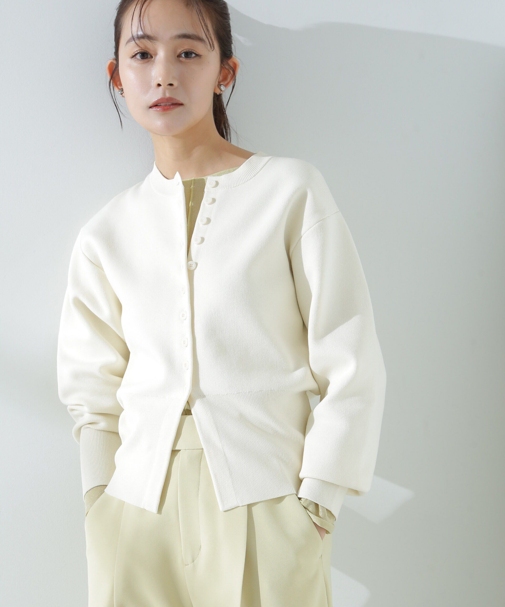 nano･universe「ダブルジャガードクルーネックニットカーディガン」|ニット・セーター|オフホワイト1