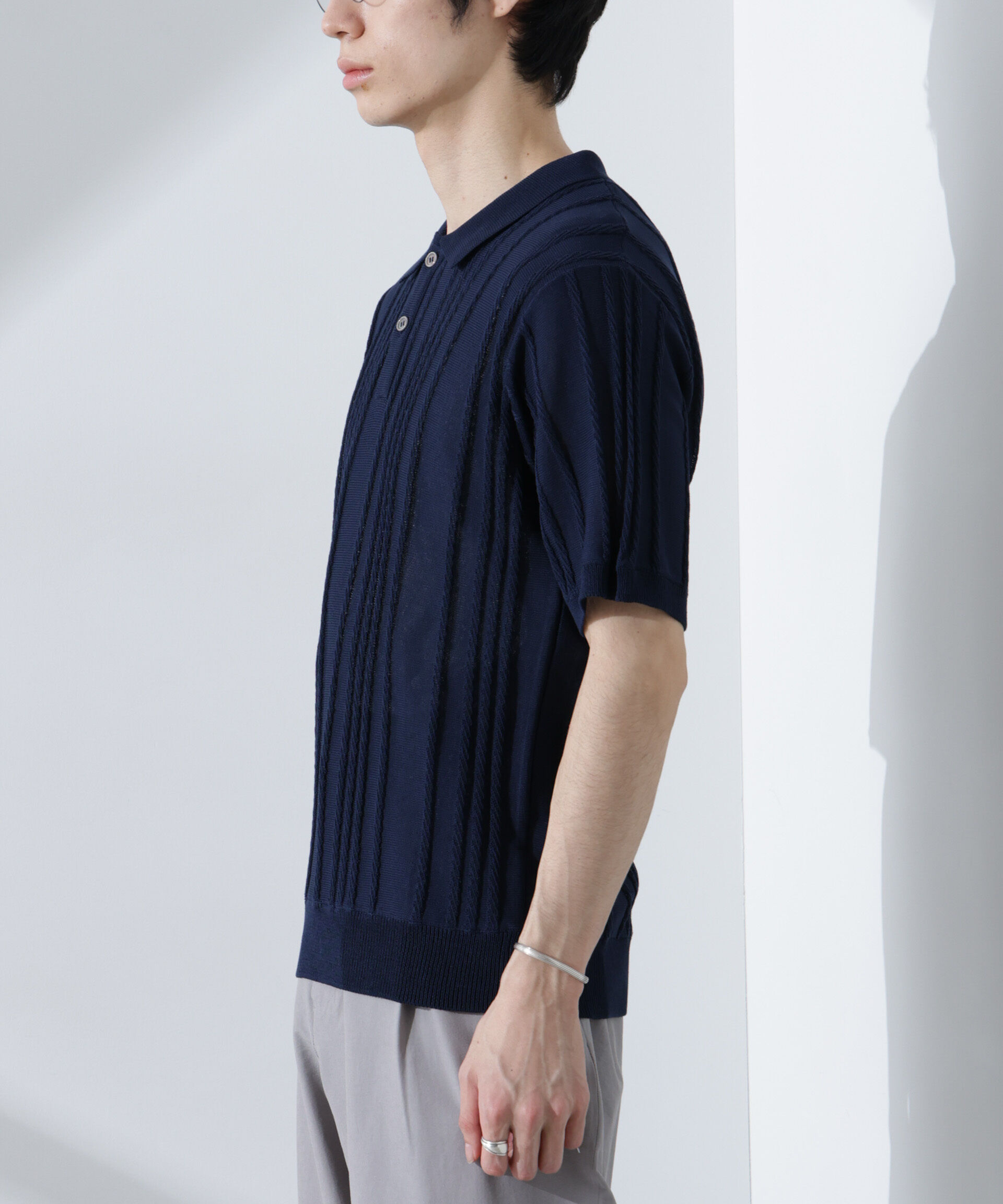 nano･universe「ストライプニットポロ 半袖」|ニット・セーター|