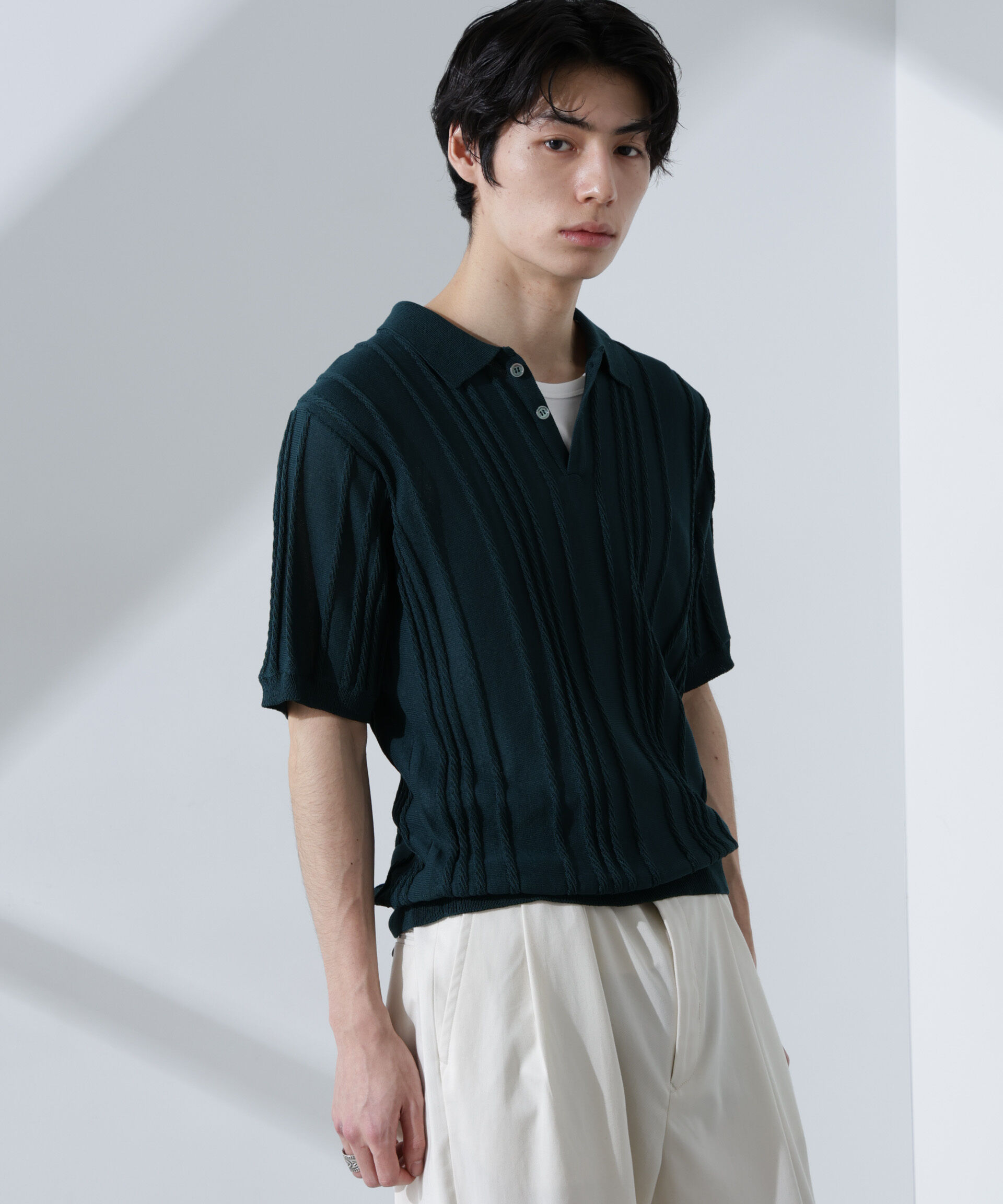 nano･universe「ストライプニットポロ 半袖」|ニット・セーター|D.グリーン1