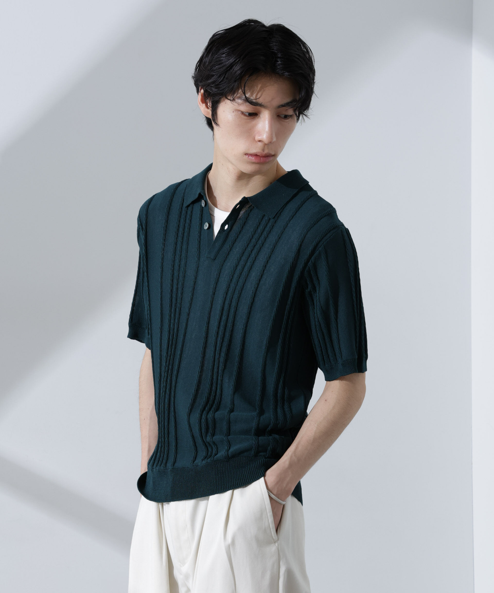 nano･universe「ストライプニットポロ 半袖」|ニット・セーター|